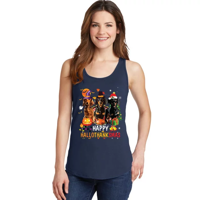 Dachshund Dog Halloween Merry Christmas Happy Hallothanksmas Ladies Essential Tank