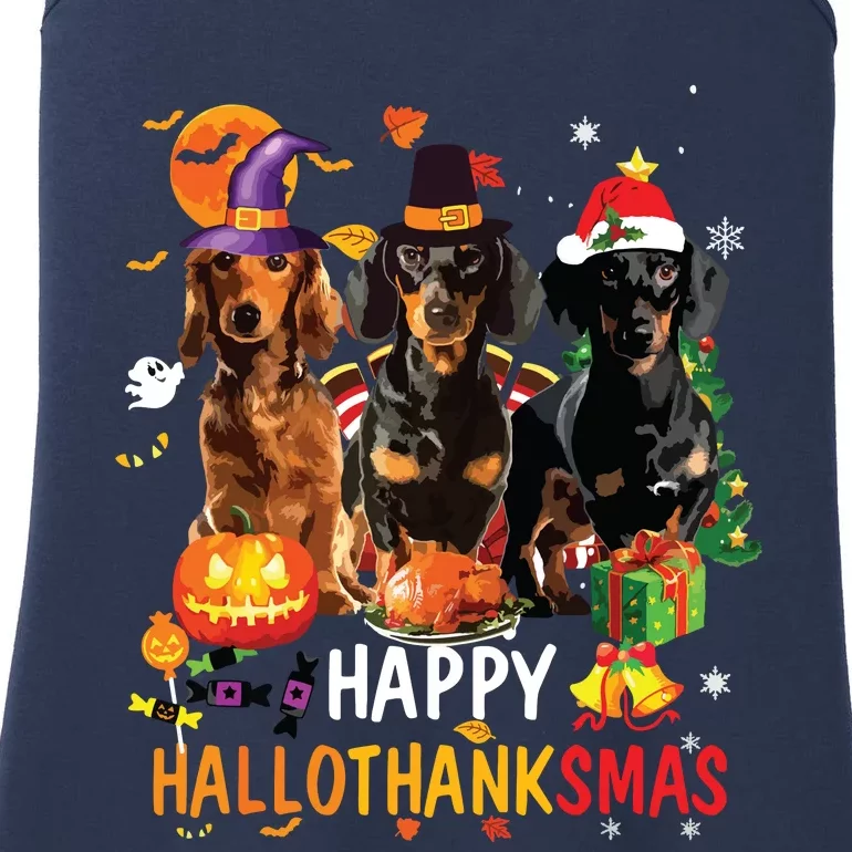 Dachshund Dog Halloween Merry Christmas Happy Hallothanksmas Ladies Essential Tank