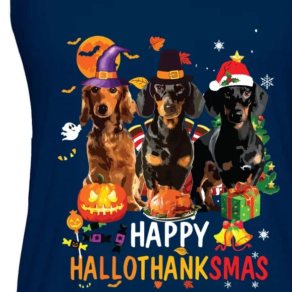 Dachshund Dog Halloween Merry Christmas Happy Hallothanksmas Ladies Essential Flowy Tank