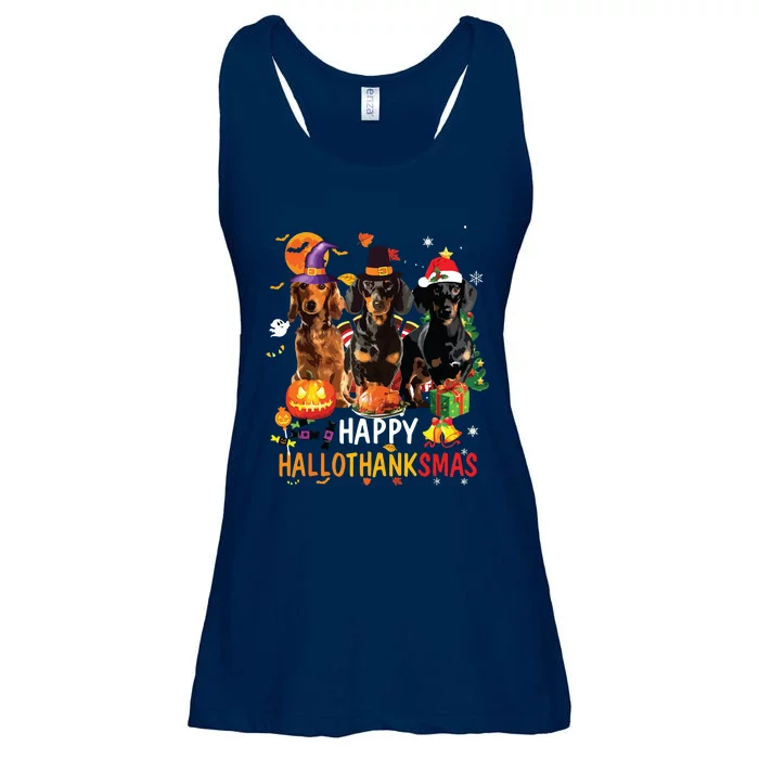 Dachshund Dog Halloween Merry Christmas Happy Hallothanksmas Ladies Essential Flowy Tank