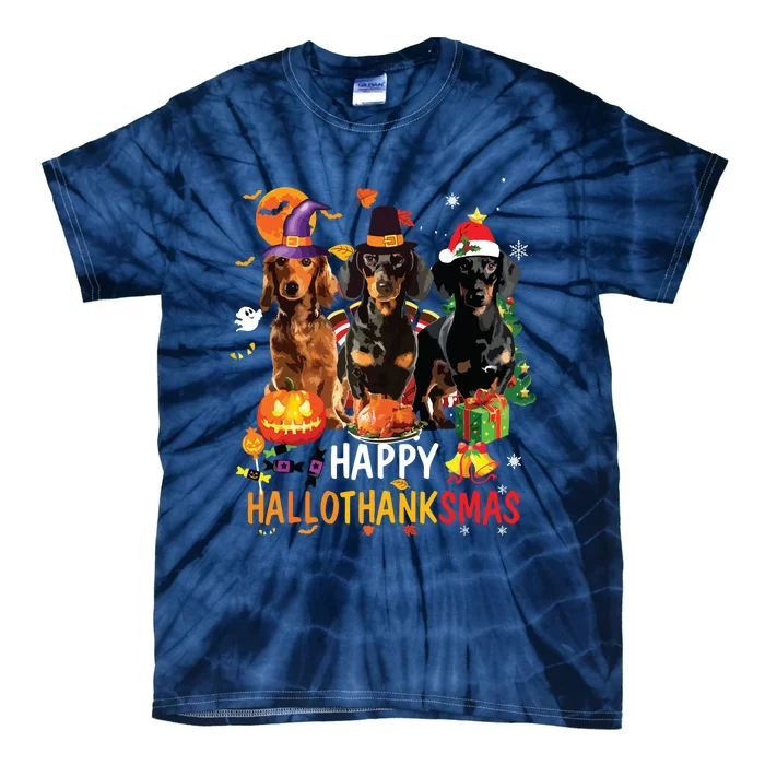 Dachshund Dog Halloween Merry Christmas Happy Hallothanksmas Tie-Dye T-Shirt