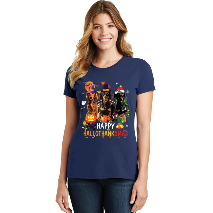 Dachshund Dog Halloween Merry Christmas Happy Hallothanksmas Women's T-Shirt