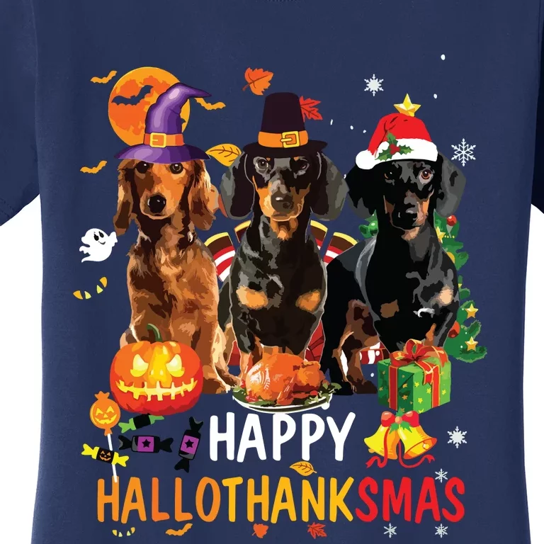 Dachshund Dog Halloween Merry Christmas Happy Hallothanksmas Women's T-Shirt