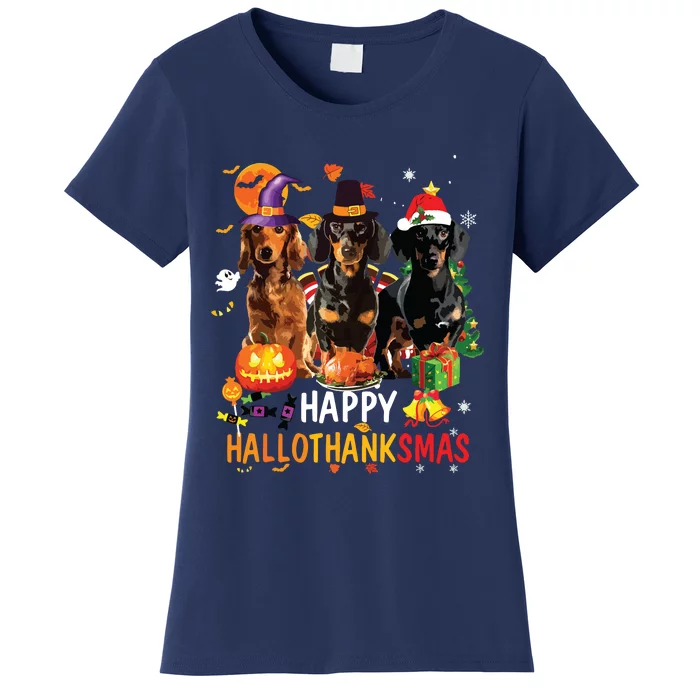 Dachshund Dog Halloween Merry Christmas Happy Hallothanksmas Women's T-Shirt