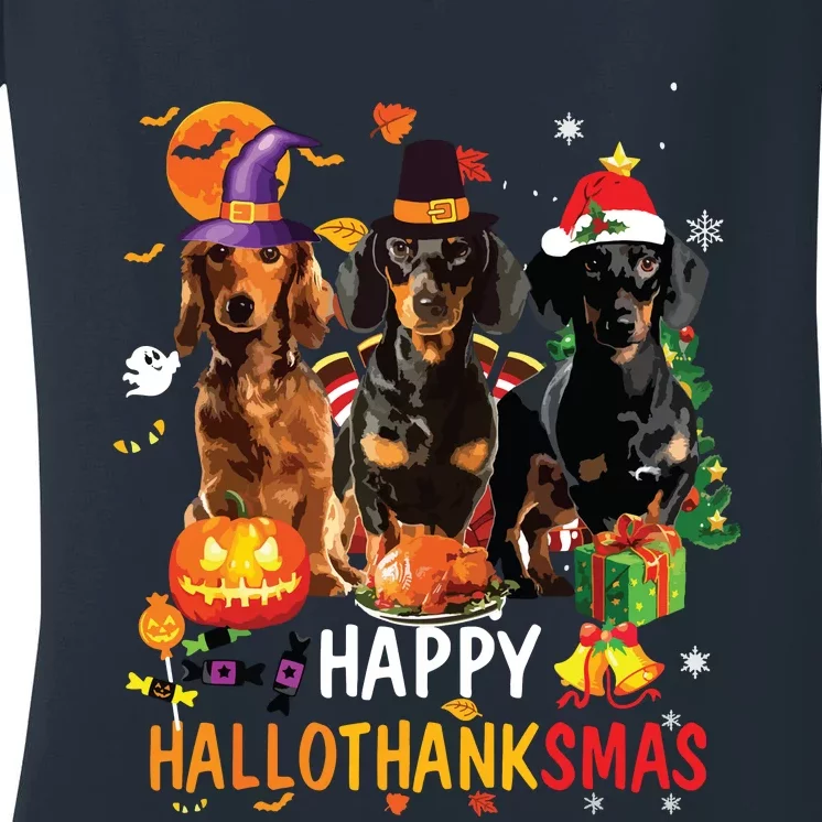 Dachshund Dog Halloween Merry Christmas Happy Hallothanksmas Women's V-Neck T-Shirt