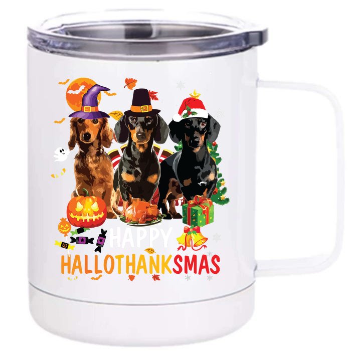 Dachshund Dog Halloween Merry Christmas Happy Hallothanksmas Front & Back 12oz Stainless Steel Tumbler Cup