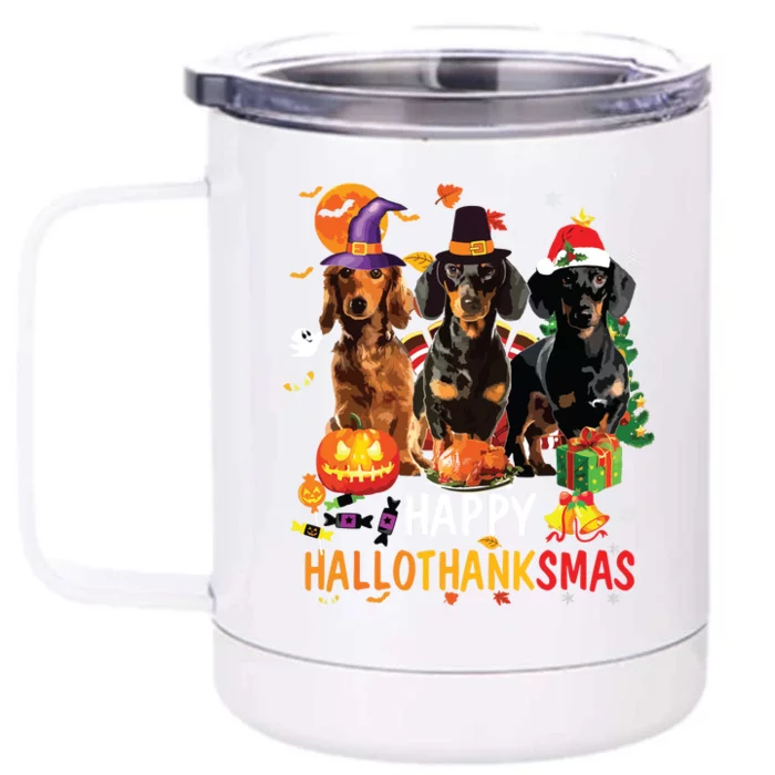 Dachshund Dog Halloween Merry Christmas Happy Hallothanksmas Front & Back 12oz Stainless Steel Tumbler Cup