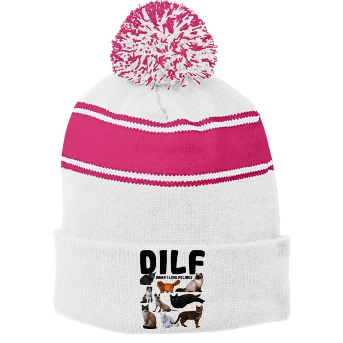 Dilf Damn I Love Felines Funny Cat Kitty Lover Stripe Pom Pom Beanie