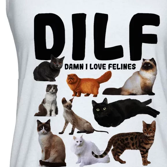 Dilf Damn I Love Felines Funny Cat Kitty Lover Ladies Essential Flowy Tank