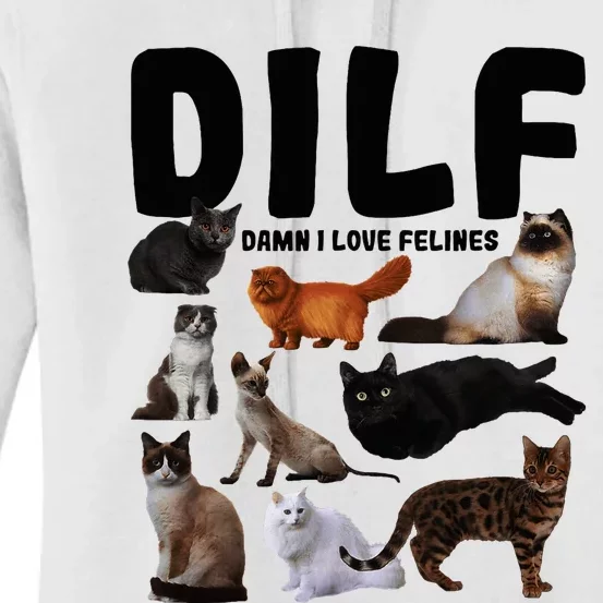 Dilf Damn I Love Felines Funny Cat Kitty Lover Women's Pullover Hoodie