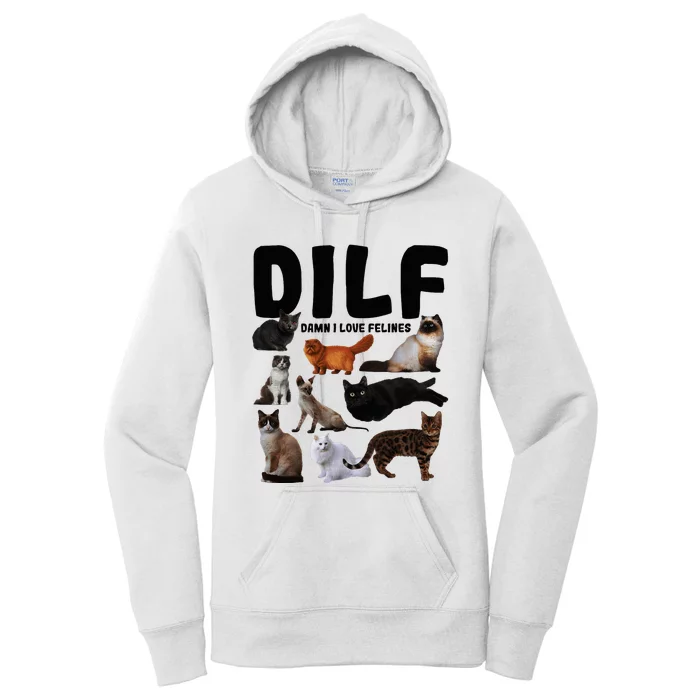 Dilf Damn I Love Felines Funny Cat Kitty Lover Women's Pullover Hoodie