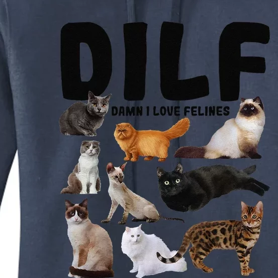 DILF Damn I Love Felines Funny Cat Kitty Lover Women's Pullover Hoodie