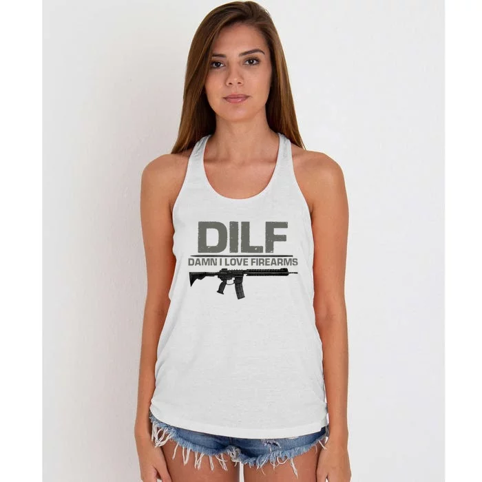 DILF Damn I Love Firearms Funny Women's Knotted Racerback Tank