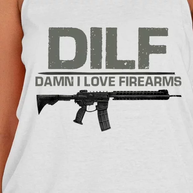 DILF Damn I Love Firearms Funny Women's Knotted Racerback Tank