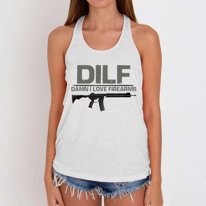 DILF Damn I Love Firearms Funny Women's Knotted Racerback Tank