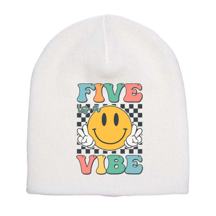 Five Is A Vibe 5th Birthday Smile Face Hippie Short Acrylic Beanie