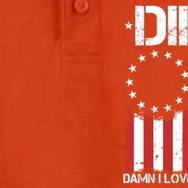 DILF Damn I Love Firearms Distressed USA American Flag Dry Zone Grid Performance Polo