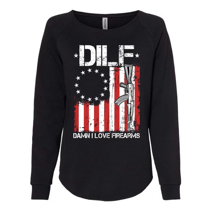 DILF Damn I Love Firearms Distressed USA American Flag Womens California Wash Sweatshirt