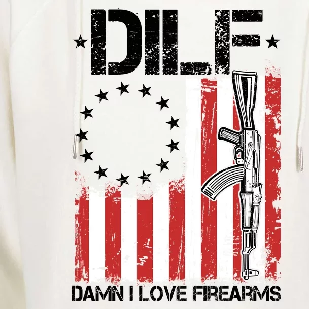 DILF Damn I Love Firearms Distressed USA American Flag Womens Funnel Neck Pullover Hood