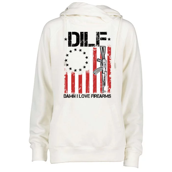 DILF Damn I Love Firearms Distressed USA American Flag Womens Funnel Neck Pullover Hood