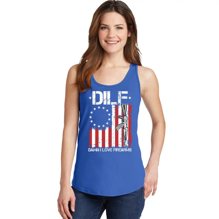 DILF Damn I Love Firearms Distressed USA American Flag Ladies Essential Tank