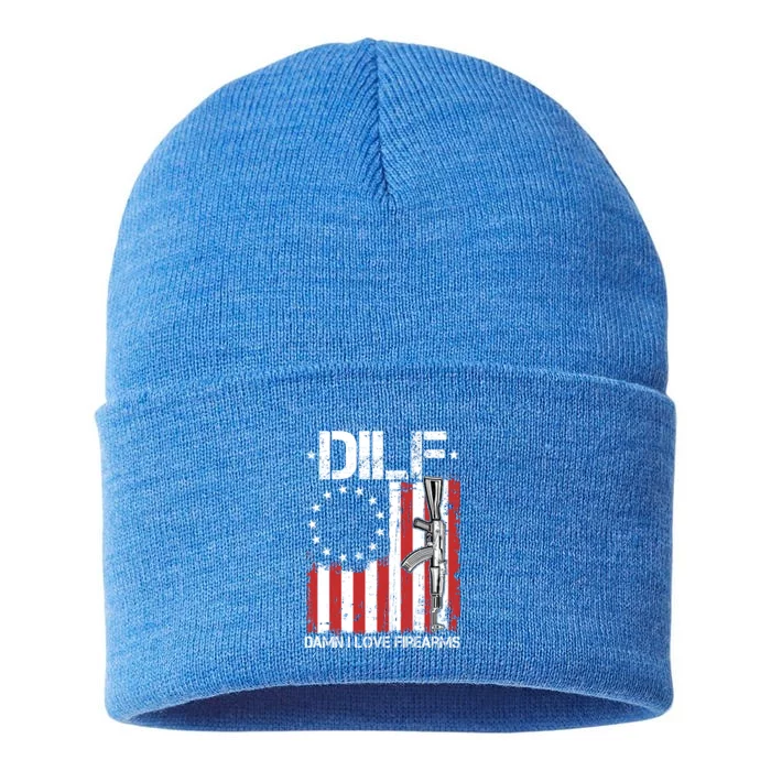 DILF Damn I Love Firearms Distressed USA American Flag Sustainable Knit Beanie