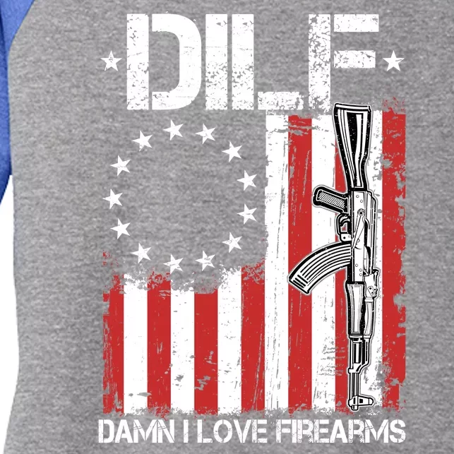 DILF Damn I Love Firearms Distressed USA American Flag Women's Tri-Blend 3/4-Sleeve Raglan Shirt