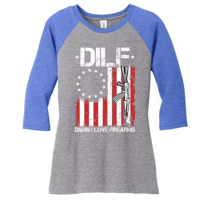 DILF Damn I Love Firearms Distressed USA American Flag Women's Tri-Blend 3/4-Sleeve Raglan Shirt