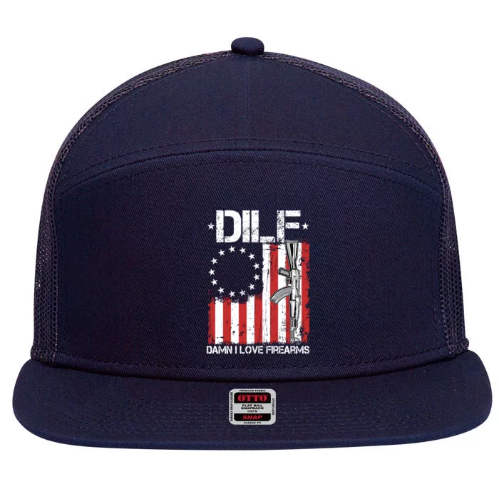 DILF Damn I Love Firearms Distressed USA American Flag 7 Panel Mesh Trucker Snapback Hat