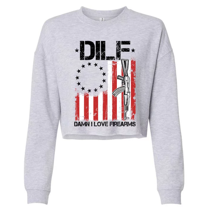 DILF Damn I Love Firearms Distressed USA American Flag Cropped Pullover Crew