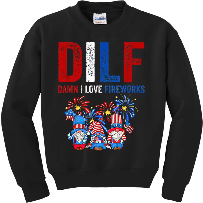 Dilf Damn I Love Fireworks Funny American Patriotic July 4th Kids Sweatshirt