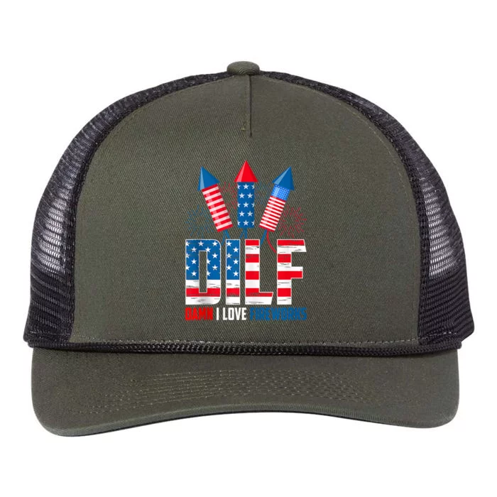 Dilf Damn I Love Fireworks Funny Patriotic America Freedom Retro Rope Trucker Hat Cap