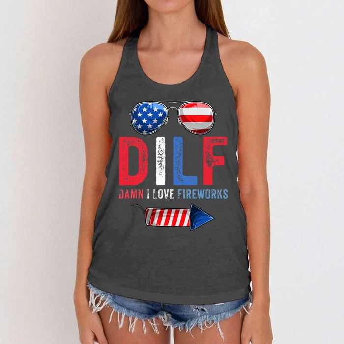 DILF Damn I Love Fireworks Funny American 4th Of July Men Women's Knotted Racerback Tank