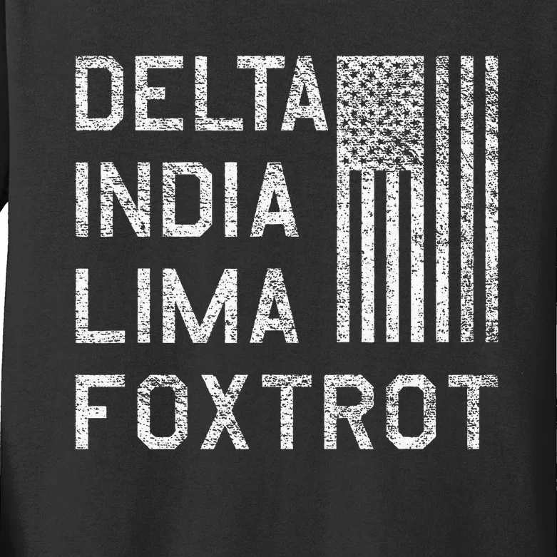 DILF DELTA INDIA LIMA FOXTROT US FLAG AMERICAN PATRIOT Kids Long Sleeve Shirt