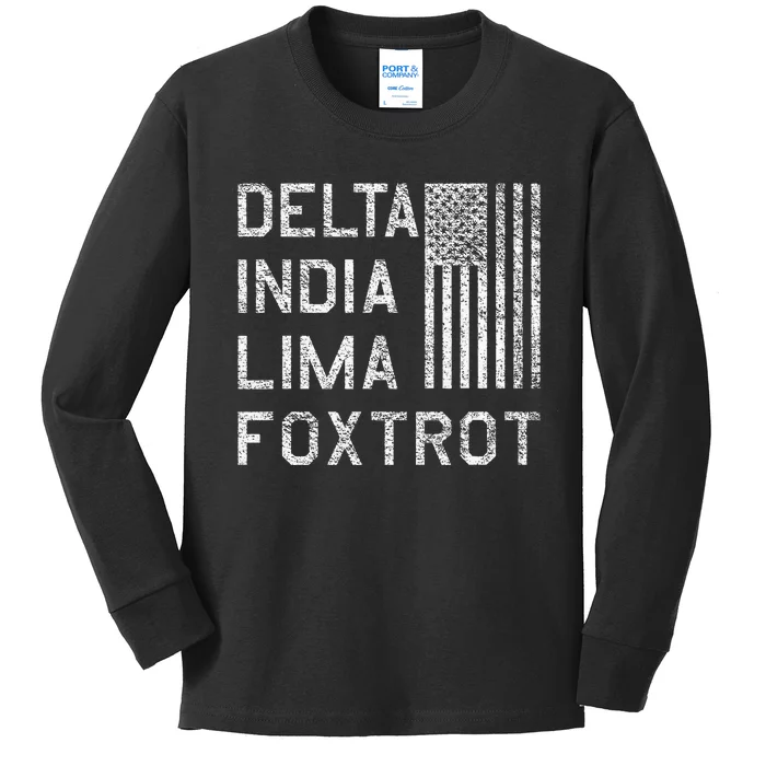 DILF DELTA INDIA LIMA FOXTROT US FLAG AMERICAN PATRIOT Kids Long Sleeve Shirt