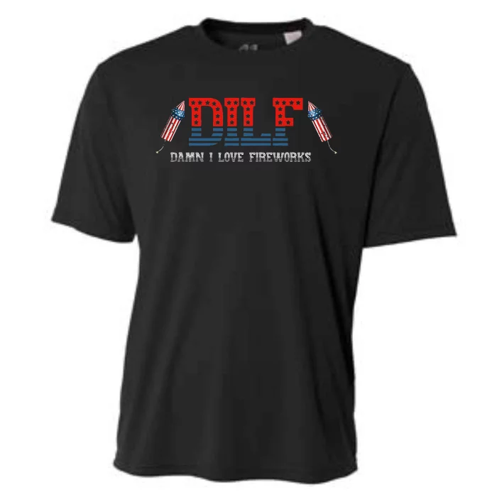 DILF Damn I Love Fireworks Funny July 4th American Patriotic Cooling Performance Crew T-Shirt