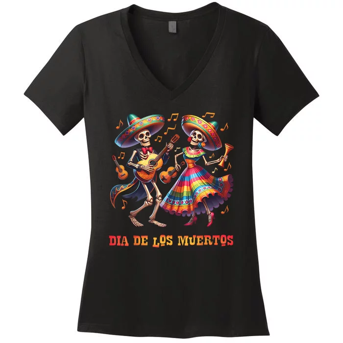 Dia De Los Muertos Dancing Skeletons Guitar Day Of The Dead Women's V-Neck T-Shirt