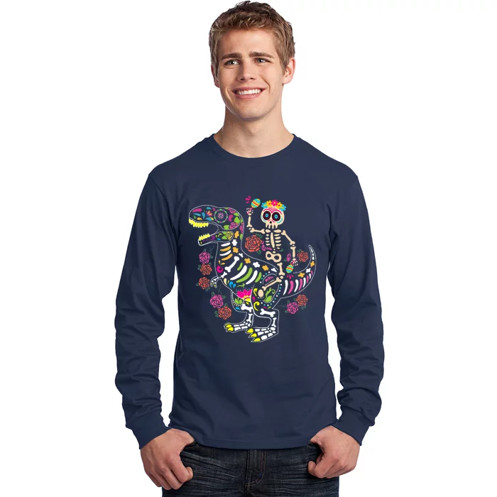 Dia De Los Muertos Skeleton Riding Dinosaur Long Sleeve Shirt