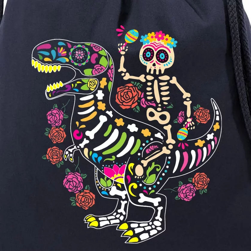 Dia De Los Muertos Skeleton Riding Dinosaur Drawstring Bag