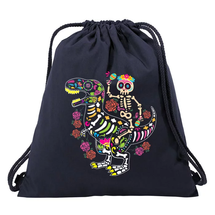 Dia De Los Muertos Skeleton Riding Dinosaur Drawstring Bag