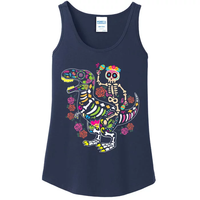 Dia De Los Muertos Skeleton Riding Dinosaur Ladies Essential Tank