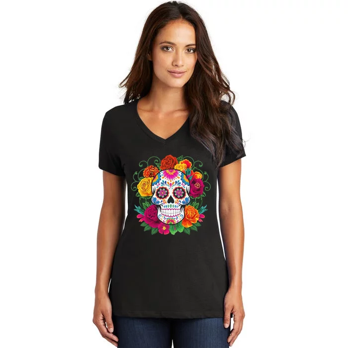 Dia De Los Muertos Costume Day Of The Dead Sugar Skull Women's V-Neck T-Shirt