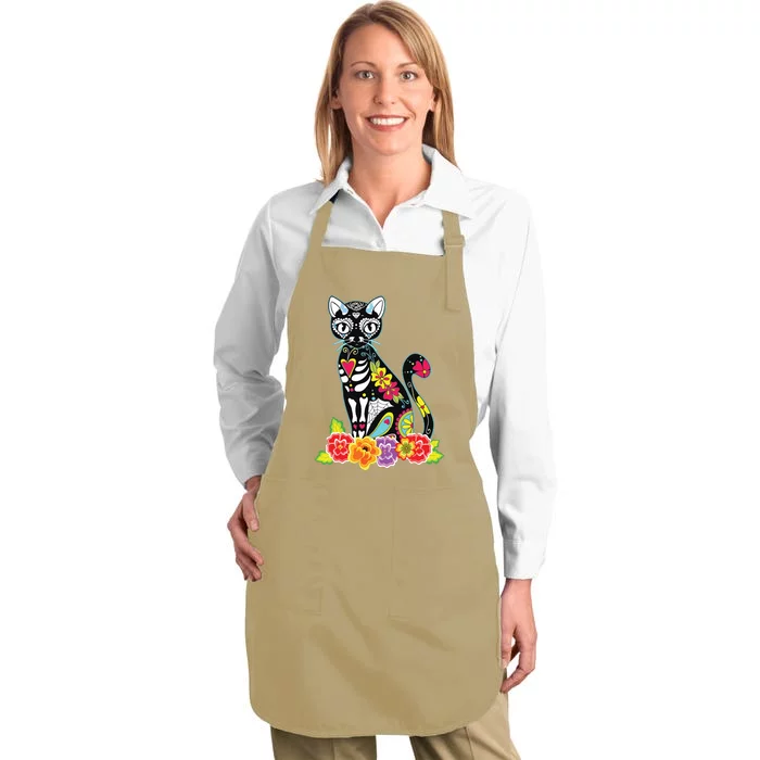 Dia De Los Muertos Cat Day Of The Dead Funny Halloween Full-Length Apron With Pocket