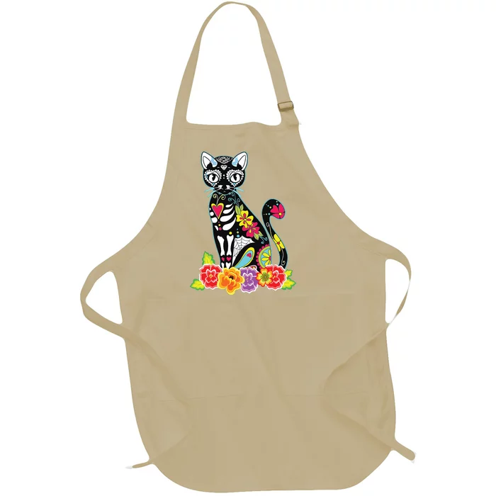 Dia De Los Muertos Cat Day Of The Dead Funny Halloween Full-Length Apron With Pocket