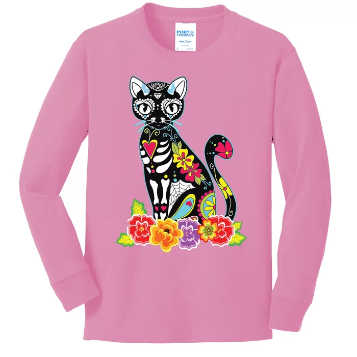 Dia De Los Muertos Cat Day Of The Dead Funny Halloween Kids Long Sleeve Shirt