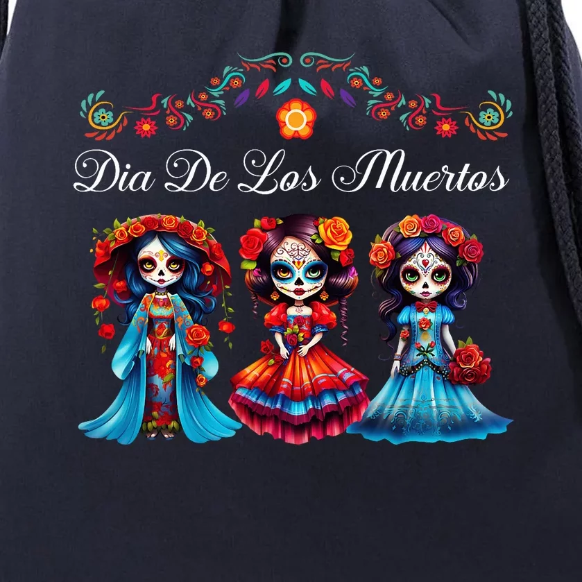 Dia De Los Muertos Three Catrinas Day Of The Dead Drawstring Bag