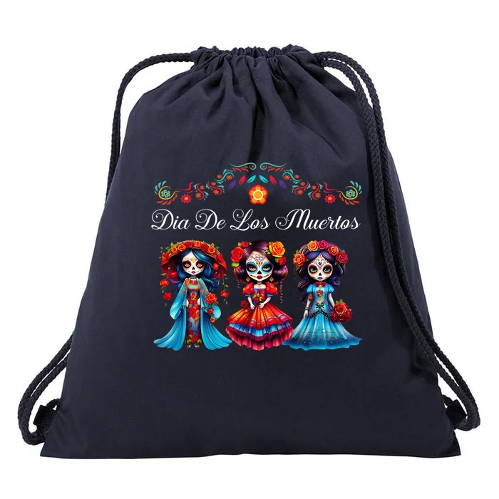 Dia De Los Muertos Three Catrinas Day Of The Dead Drawstring Bag