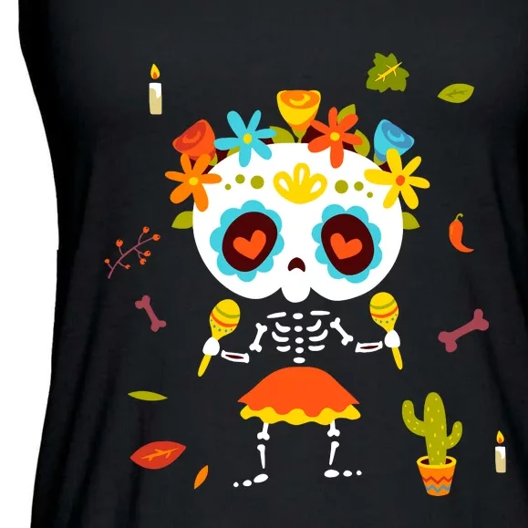 Dia De Los Muertos Girl Skeleton Mexican Sugar Skull Ladies Essential Flowy Tank