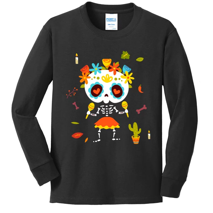 Dia De Los Muertos Girl Skeleton Mexican Sugar Skull Kids Long Sleeve Shirt