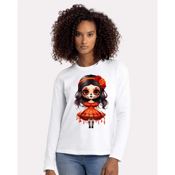 Dia De Los Muertos La Catrina Cute Skeleton Mexican Girl Gift Womens Cotton Relaxed Long Sleeve T-Shirt